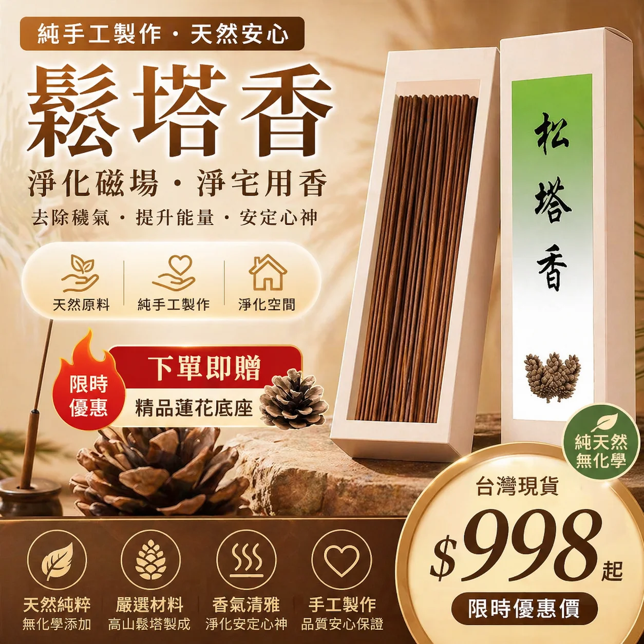 【純手工鬆塔香】🌲磁場淨化の招財祕器🔥 🌿一定要試試這個👉松塔香香香🌲 ✅鎮宅辟邪🛡️天然松脂×檀香，驅晦招財轉運勢 🙏淨化心靈🌀一縷清香掃除負能量，眼亮神清 ✨味道清新🛡️趕走您的不安於煩躁 🎯生意人/居家族🏡早晚一炷，黴運退散財氣聚 ✅ 開光加持，淨化空間，驅散負能量，帶來正能量與好運！