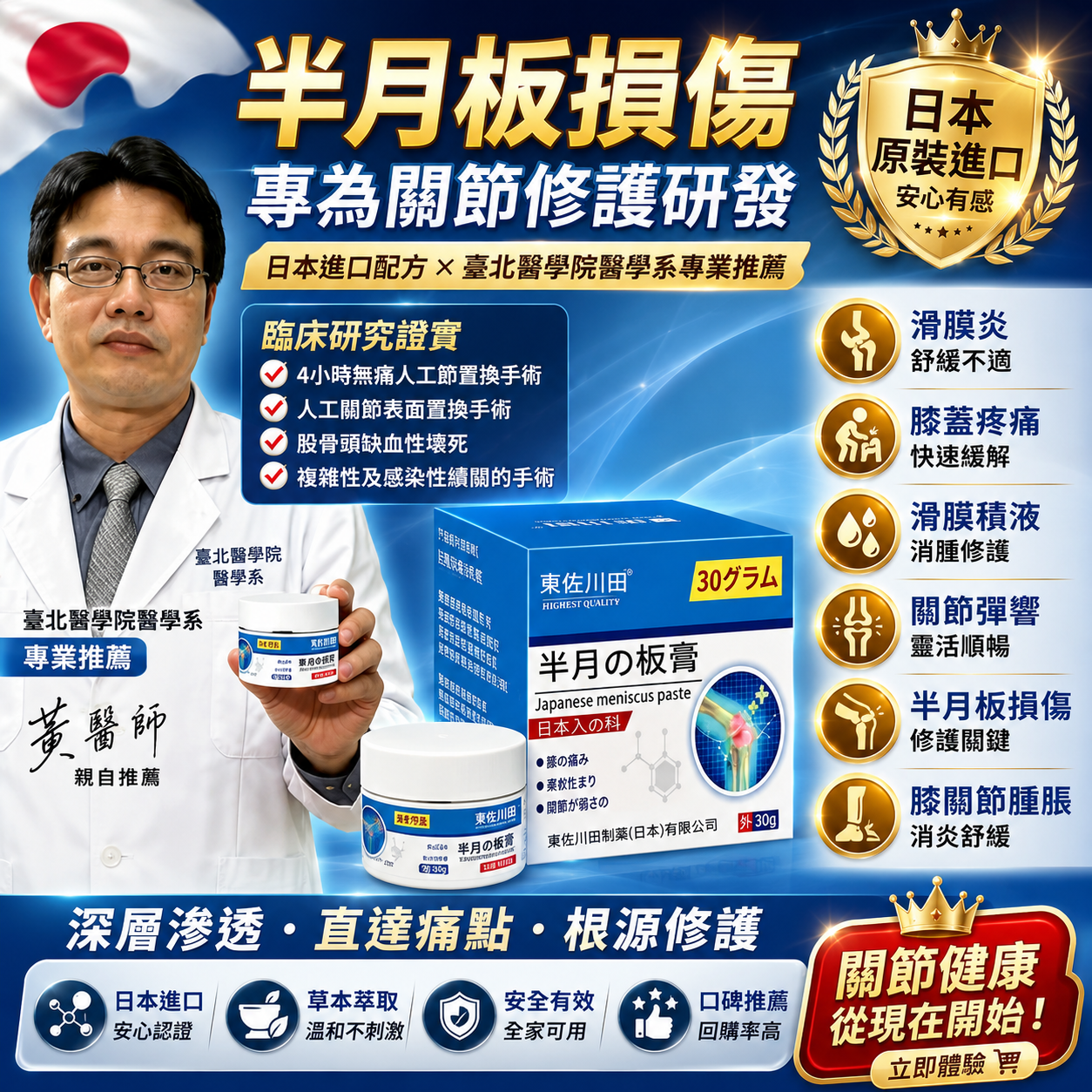 日本藥房月售10w+【半月板藥膏】專業治療關節疼痛?滑膜炎、滑膜積液、半月板損傷、膝蓋疼痛、關節彈響、膝關節腫脹壹瓶搞定！